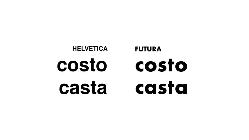 Due colonne con i font a confronto.
A sinistra Helvetica, in cui la differenza fra "Costo" e "Casta" è ben visibile per la caratteristica a aperta. A destra Futura, in cui costo e casta sono molto simili.