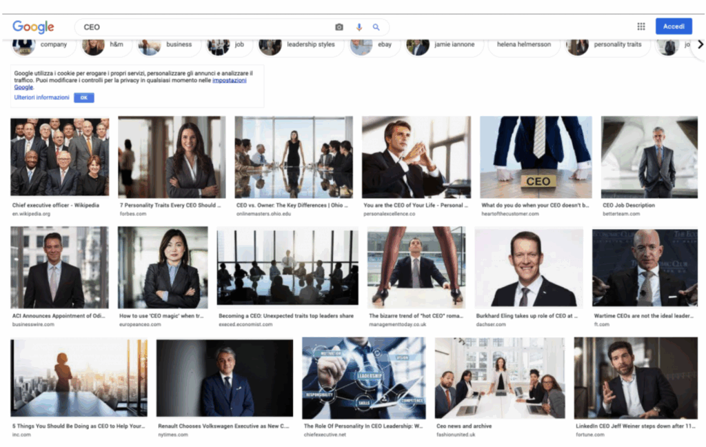 Screenshot della pagina di ricerca di google immagini per la parola CEO. I risultati riportano una serie di stereotipi indicati nella continuazione del post, sotto all'immagine.