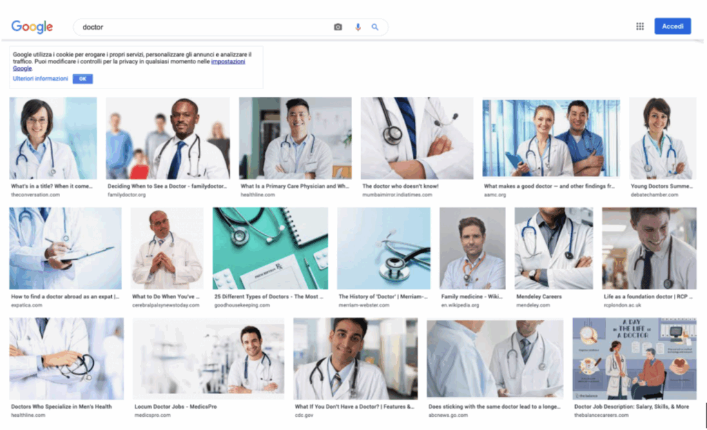 Screenshot della pagina di ricerca di google immagini per la parola DOCTOR. I risultati riportano una serie di stereotipi indicati nella continuazione del post, sotto all'immagine.