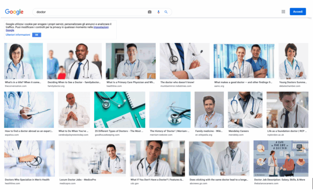 dottori-medici-stereotipo-slidequeen-presentazioni Screenshot della pagina di ricerca di google immagini per la parola DOCTOR. I risultati riportano una serie di stereotipi indicati nella continuazione del post, sotto all'immagine.