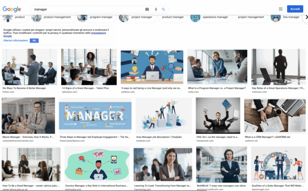 Screenshot della pagina di ricerca di google immagini per la parola manager. I risultati riportano una serie di stereotipi indicati nella continuazione del post, sotto all'immagine.