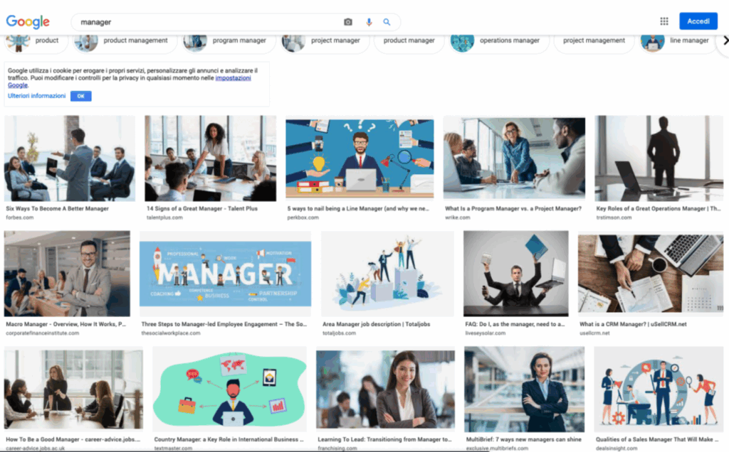 stereotipi-img Screenshot della pagina di ricerca di google immagini per la parola manager. I risultati riportano una serie di stereotipi indicati nella continuazione del post, sotto all'immagine.