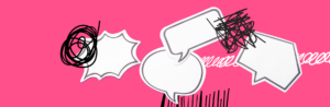 Prendi la parola: bolle di dialogo su sfondo rosa, simbolo di retorica e parità.